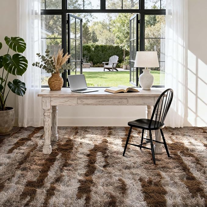 8x10 Ft Extra Large Shag Rugs for Living Room, Tie Dyed Ultra Soft Fluffy Furry Area Rugs for Bedroom Indoor Floor, Aesthetic Carpet for Kids Home Decor (Khaki)