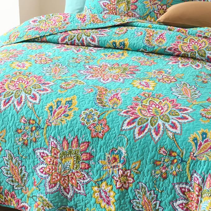 Cotton Bedspread Bedding Coverlet Quilt Sets, Reversible Vintage Branch Floral Bedspread comforters, (Vintage Turquoise Paisley Floral Pattern, King Size)