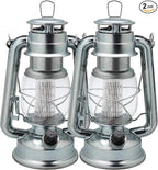 YAKii LED Vintage Lantern Metal Hanging Hurricane 12 LED Dimmer Switch Cold White Battery Operated Power Outage Indoor Camping Lighting Outdoor Brooklyn (Silver 2 Pack)