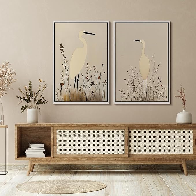 SIGNFORD Framed Canvas Print Wall Art Set Minimalist Heron Art Simplified Shapes in Neutral Tones Illustration Modern Art Decorative Nordic Nature for Living Room, Bedroom, Office - 24"x36"x2 White