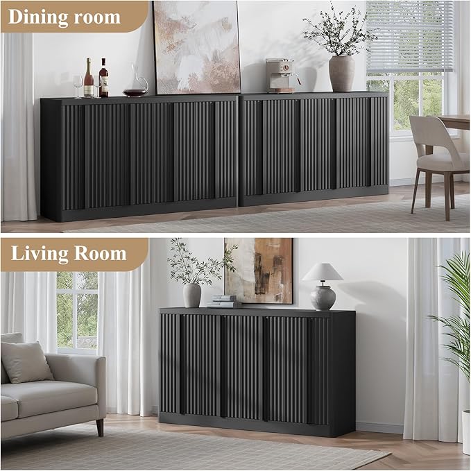 Fluted Buffet Cabinet with Storage, 120" Sideboard Buffet Storage Cabinet with 8 Doors & Adjustable Shelves, Coffee Bar Wood Credenza Cabinet for Kitchen, Dining Room, Living Room, Black(2PCS)