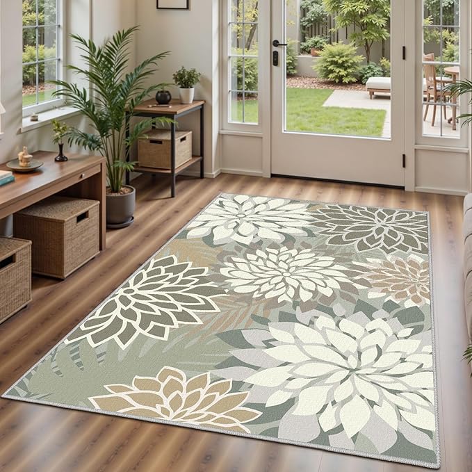 Area Rug 3x5 Brown White Washable Entry Rug Multicolored Tropical Botanical Modern Floral Indoor Kitchen Door Mat Entrance Carpet Non Slip for Bedroom Living Room, Porch