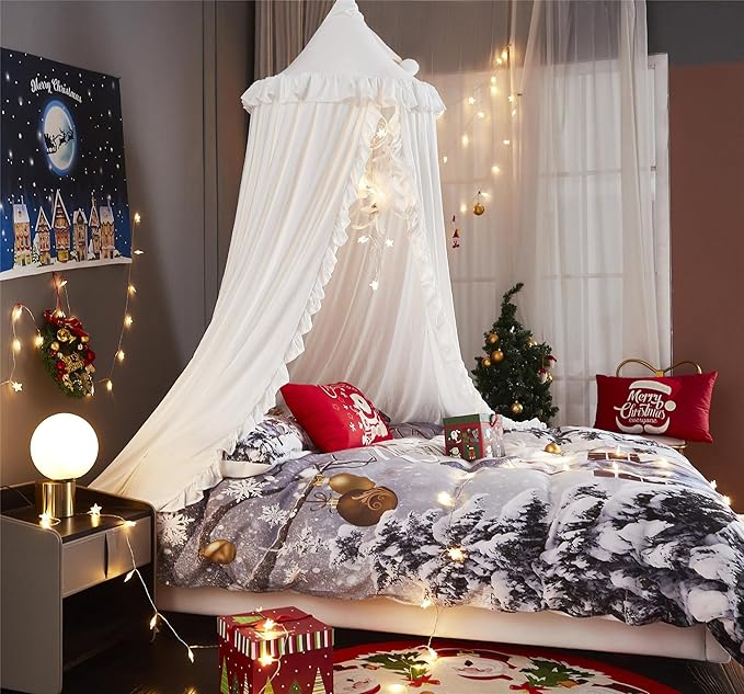 VETHIN Bed Canopy for Girls,Princess Round Dome Dreamy Mosquito Net Bedding Girls Room Castle Play Tent Hanging House Decor Reading Nook Canopies (White)