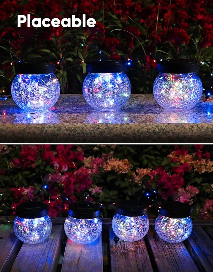 PARTPHONER Solar Lantern Solar Lights Outdoor Waterproof 18-Pack, Solar Powered Hanging Lights Cracked Glass Hanging Globes for Christmas Decoration, Shepherd Hook, Garden Tree Ornaments, Multi-Color