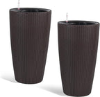 2Pack 22" High Modern Plant Pots Planter-Self-Watering Indoor/Outdoor Planting with Drain Holes, Water Level Monitor, Inner Bucket for Front Porch Patio, Brown Rattan Conical