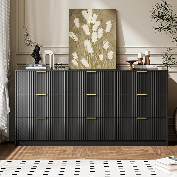 Black Dresser for Bedroom, 9 Drawer Double Dresser, Modern Chest of Drawers for Bedroom, Living Room, Entryway and Closet, 63" L x 15.7" D x 31.5" H