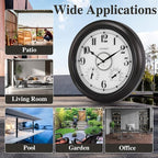 CLXEAST Illuminated Indoor Outdoor Clocks Waterproof 18 inch with Smart Night Light Sensor,Large Wall Clock with Thermometer & Hygrometer,Oil Rubbed Bronze Black,House Warming Gifts New Home