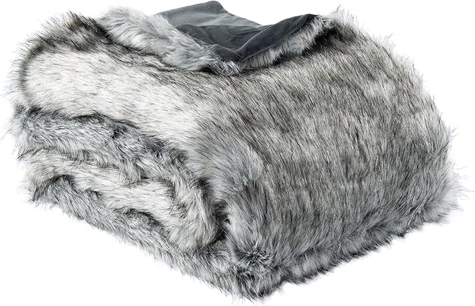 BATTILO HOME Wolf Faux Fur Blanket, Extra Large Fox Fur Throw Blankets for Couch, Bed, Super Soft, Fluffy, Eelegant, Grey with Black Tips Blanket Reversible to Plush Velvet, (Grey, 60"x80")