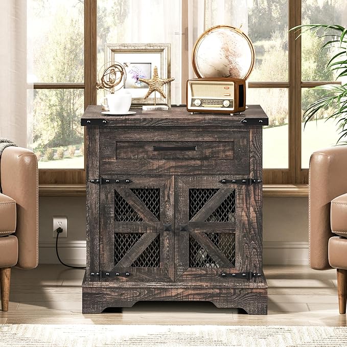 Farmhouse End Table with Charging Station, 24" Large Sofa Side Table with Drawer, Large End Table for Living Room, Wooden Nightstand with Outlet, Square, Dark Rustic Oak