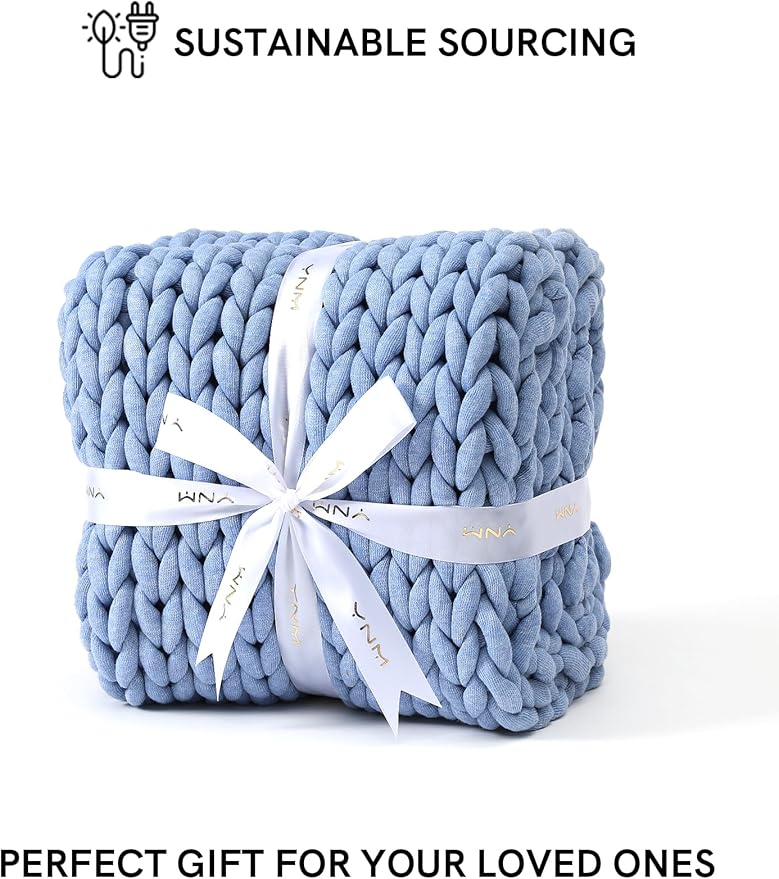 YnM Chunky Throw Blanket, Medium-Weight, Hand Knitted, Skin Friendly, Ventilated and Breathable, Machine Washable, Home Décor Piece for Couch, Sofa and Bed (Cerulean Blue, 60x80 Inch)