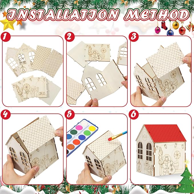 Hiboom 12 Pcs DIY Christmas Village Sets Wood Gingerbread Man Houses Christmas Mini Wooden House Gift for Winter Xmas Party Decorations