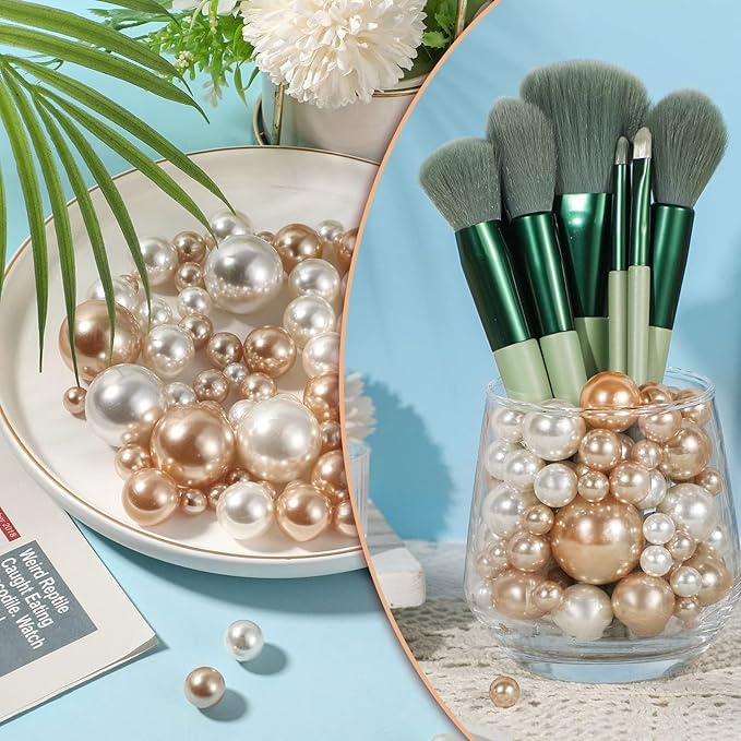 Champagne Vase Filler | 150PCS Pearls Bead for Centerpieces Vases | 8/14/20 mm No Hole Beads, Fake Pearls for Wedding Birthday Theme Party Table Centerpieces Decor