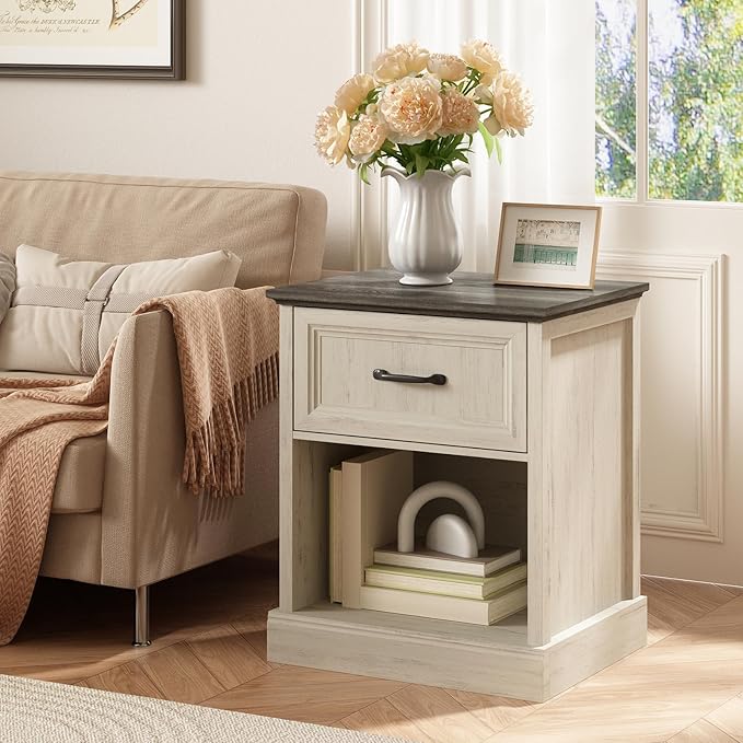 CARPETNAL 20" Farmhouse Nightstand, End Table with Large Drawers & Open Storage, Side Table, Bedside Cabinet for Bedroom, Living Room, White