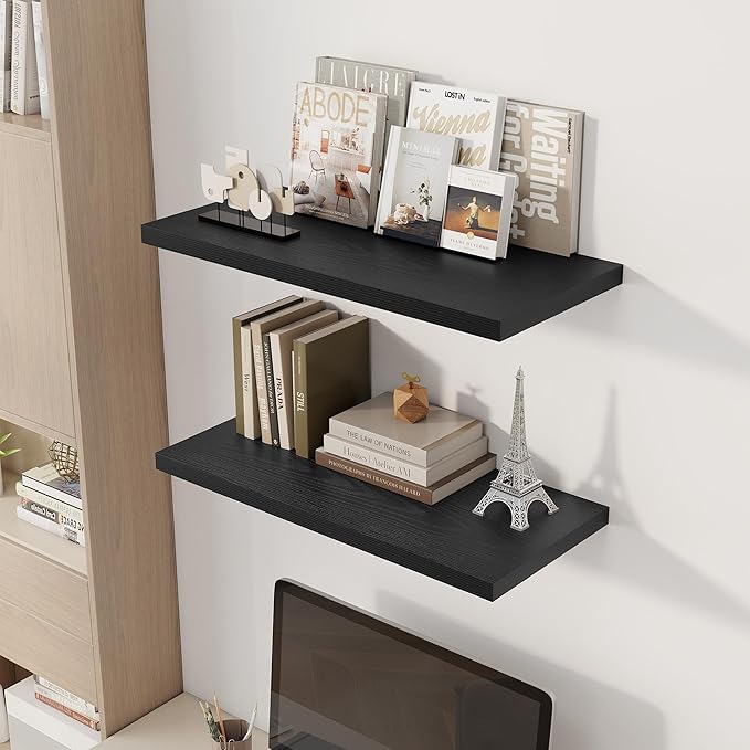 30" Floating Shelves for Wall, 12" Deep Slim Black Floating Shelves, Wall-Mounted Shelves for Bedroom, Living Room, Kitchen, Bathroom - Set of 2