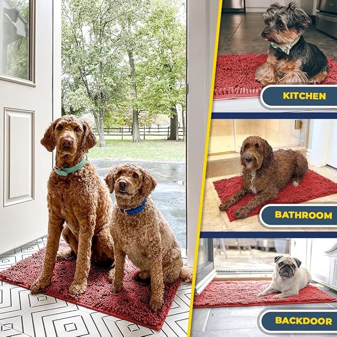 Muddy Mat® 4-Piece Red Medium 30"X19" AS-SEEN-ON-TV Highly Absorbent Microfiber Door Mat, Bath Mat and Pet Rug, Non Slip Thick Washable, Soft Chenille for Kitchen Bathroom Bedroom Indoor and Outdoor