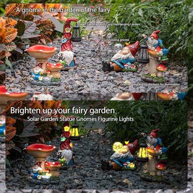 TIJNN Solar Gnome Statue with LED Lights, Bird Water Feeder Garden Decor for Patio, Lawn, or Home, Mushroom Figurine Outdoor Decoration Garden Gifts