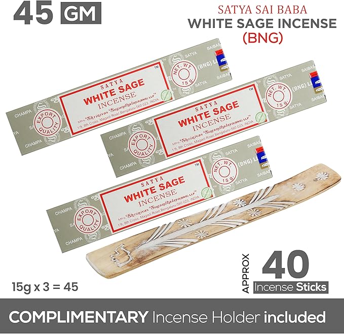 Satya Nagchampa White Sage Incense Sticks, Satya Bng (Bangalore) Insenses 15gmx3 Pack (45 GMS) with Raajsee Incense Holder Bundle, Satya Nagchampa Natural Incense