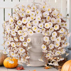 Fake Mums Artificial Fall Hanging Flowers for Outdoors Decoration, 2 PCS Faux Silk Morning Glory with Bown Eucalyptus UV Resistant Plants for Wall Home Porch Patio Balcony Yard Indoor Decor (White)