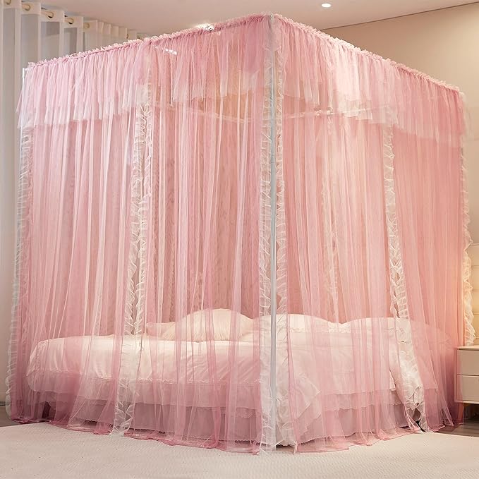 4 Corners Post Princess Curtains Bed Canopy for Girls 8 Panels Curtain- Double Layer Sheer Mesh Canopies Drapes Girls Room Decor (8P-Pink/White, 4P(33"x82") W+4P(43"x82") L/(Queen))