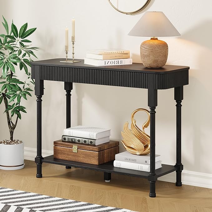 43.3”Console Table with 2 Drawers, Modern Retro Entryway Table with Fluted Panel & Storage Shelf, Narrow Wood Behind Couch Sofa Table for Living Room, Foyer, Hallway(Black)