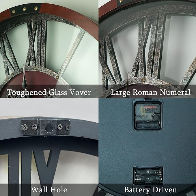 36 Inch Moving Gear Wall Clock, Oversized Wall Clocks, Clock Living Room Decor, Solid Wood Frame, Battery Operated, Large Wall Clock with Industrial for Fireplace(Black Walnut)