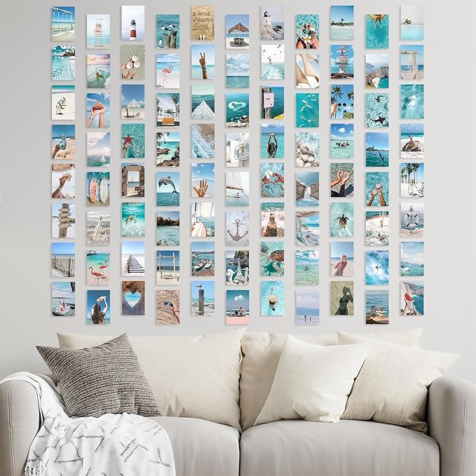 Y2K BOO Summer Beach Aesthetic Wall Collage Kit – 100 Ocean Blue & Sky Blue Photos, 4"x6" Prints for Teen Girls Dorm Room Decor, Beach Activities & Ocean Moments, Ideal Gift for Birthday & Graduation