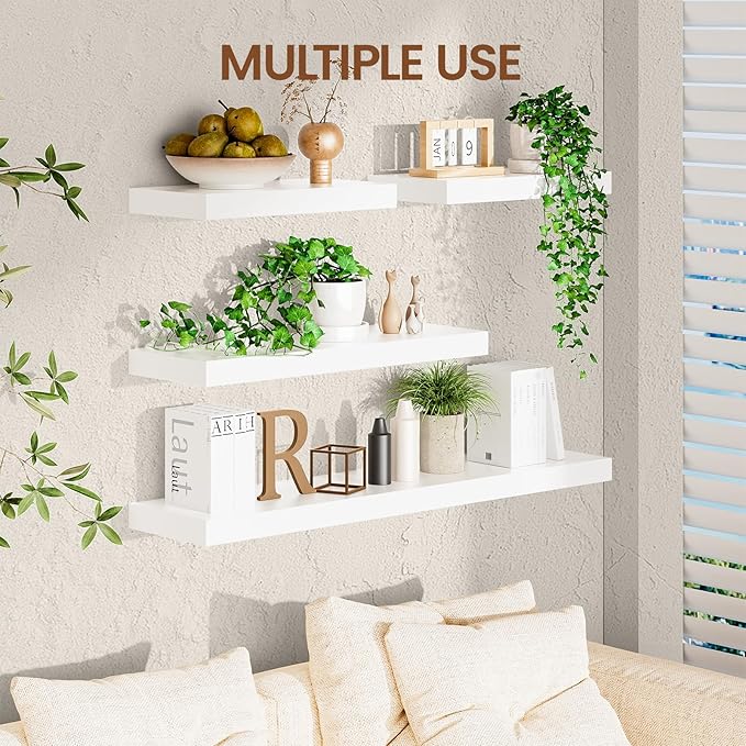 Heimlove White Floating Shelves for Wall,2 Packs 16 inches Natural Pine Solid Wood Bathroom Shelf Over Toilet Decor and Storage 8 inches Deep for Kitchen Bedroom Office & Living Room Wall Decor