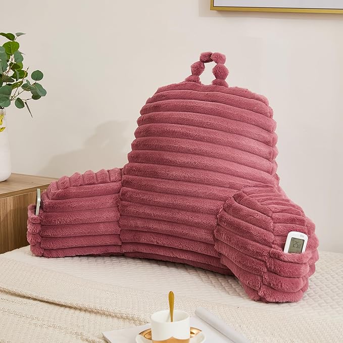 Faux Fur Fluffy Dusty Rose Reading Pillow with Pockets, Luxury Striped Plush Decorative, Arm Rests and Back Surport for Bed Rest, Lounging on sofa, Large