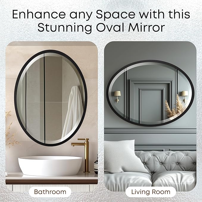 OVALCREST - Oval Wooden Beveled Wall Mirror for Home Decor, Bathroom, Vanity, Bedroom, Living Room, Hallway - London Style (Matte Black) 25.1 x 31.1