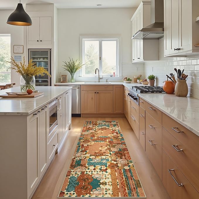 GENIMO Floral Runner Rug 2X6, Machine Washable Non Slip Vintage Patchwork Hallway Runner, Ultra-Thin Low Pile Runners for Indoor Entryway, Hallway, Kitchen and Corridor,Rose Red