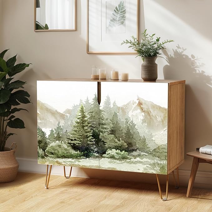 SIGNWIN Sideboard Buffet Cabinet, Kitchen Storage Cabinet with 2 Doors, Pastel Watercolor Pine Tree Fores, Cupboard Console Table for Dining Room - 35" L x 18" W x 29" H