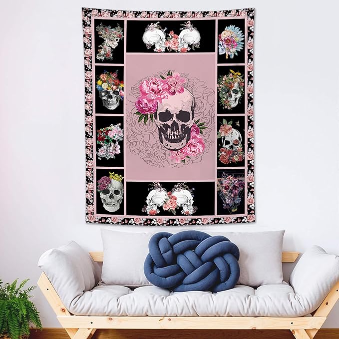yowecso Sugar Skull Tapestry Horror Skeleton Tapestry Wall Hanging for Bedroom Rose Skull Tapestries Aesthetic Wall Decor for Home Dorm Living Room 50"x60"