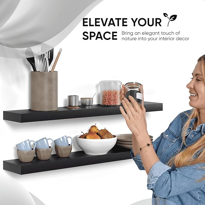 Homeforia Black Floating Shelves 36 inches Long, High End Solid Real Wood 36 inch Floating Shelf for Wall Mounted, Black Wooden 36in Floating Shelves, Heavy Duty Bracket, 36 X 6.5 X 1.75 in, Set of 3