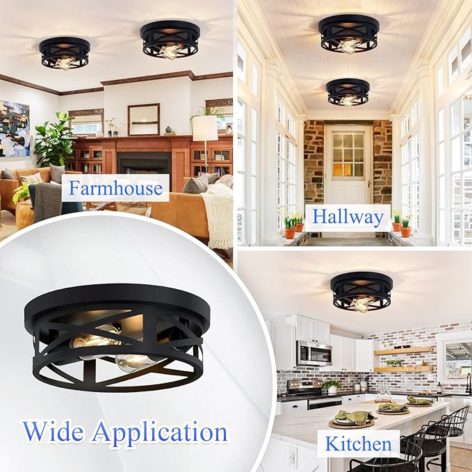 Flush Mount Ceiling Light Fixture,Black 2-Light Hallway Light Fixtures Ceiling,Light Fixtures Ceiling Mount for Farmhouse,Kitchen,Hall (2 Pack)