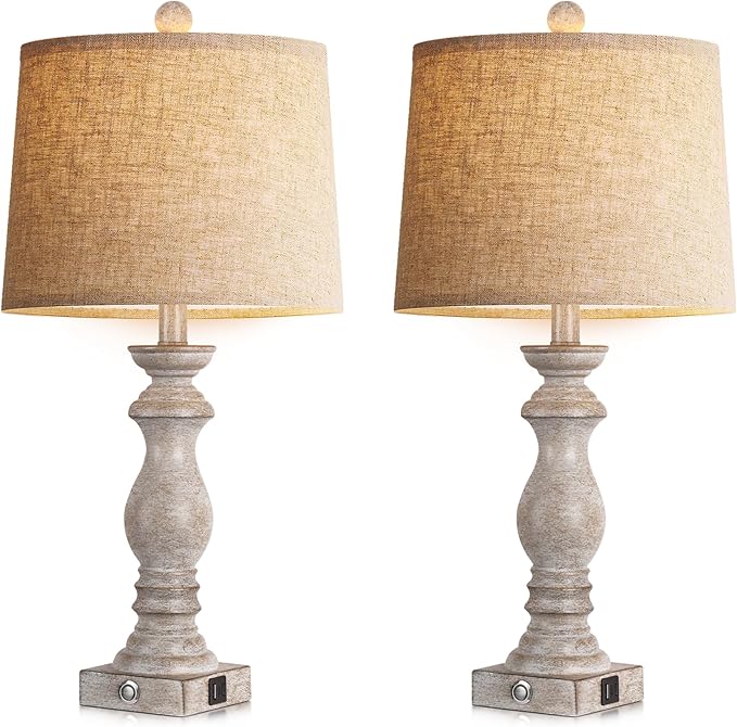 24.5" Table Lamp Set of 2, Rustic Farmhouse Bedside Lamps with USB A+C Charging Ports, 3-Way Dimmable Touch Control Nightstand Lamps for Living Room Bedroom, Antique Grey White, LED Bulbs Included