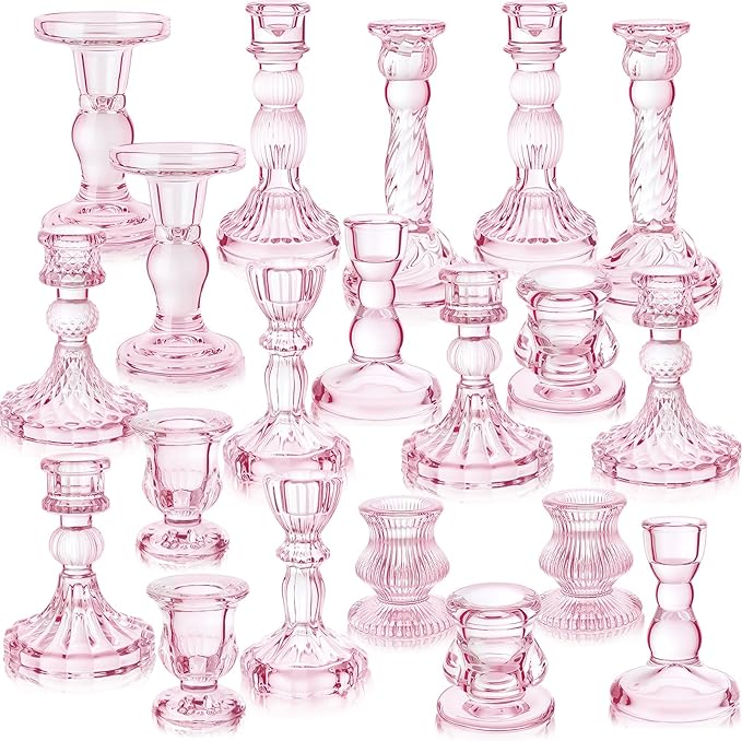 Mumufy 20 Pcs Glass Crystal Taper Candle Holders Clear Glass Candlestick Holder Fit 0.8 Inch Candles Crystal Decorative Candle Stand Centerpiece Table Wedding Dining Party(Pink)