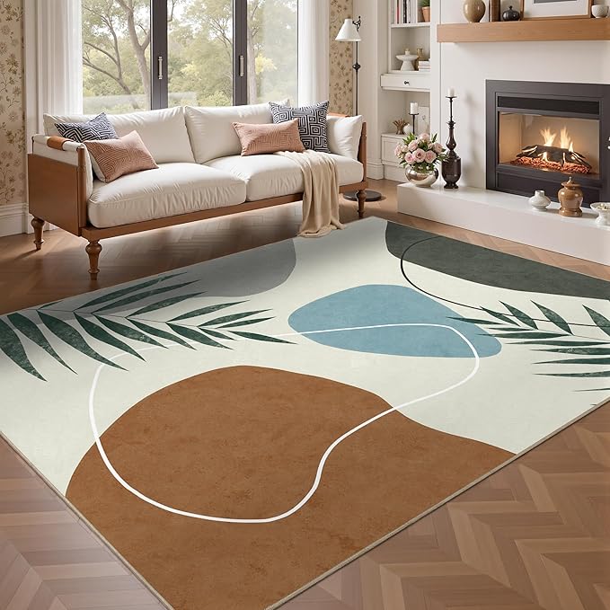 Indoor Outdoor Area Rug, Mid Century Outdoor Patio Rug, Washable Abstract Art Leaves Eucalyptus Rugs, Non-Slip Carpet for Camping, Living Room, Bedroom, Deck(5x8)