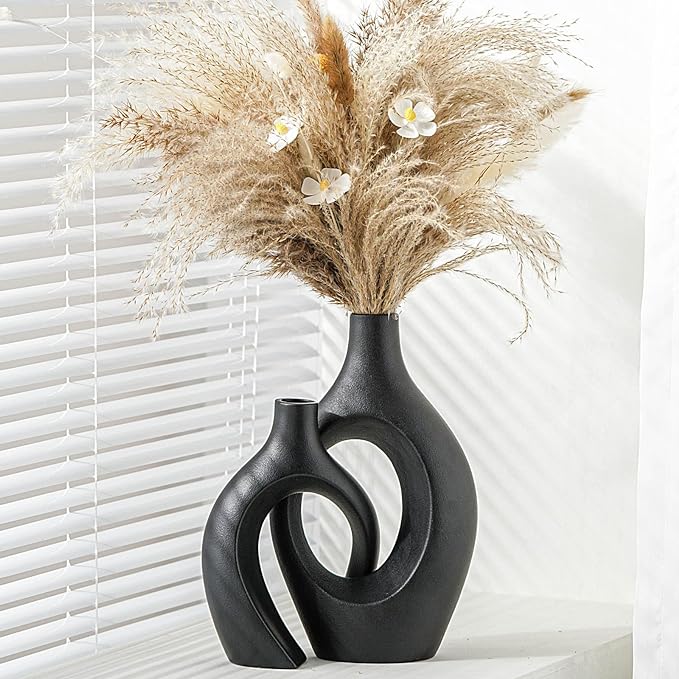 Levvohd XL Black Ceramic Vase Set of 2 for Modern Home Decor, Neutral Boho Round Donut Pampas Grass Vases, Nordic Aesthetic Vase, for Living Room Coffee Table Fire Place Book Style Shelf (H 11.1")