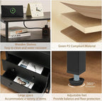 27 inch Wide Night Stand with Charging Station, Bedside Table with Open Shelf, 2 Drawers Small Wood Dresser, Modern Wood Nightstand for Bedroom/Living Room (Black)