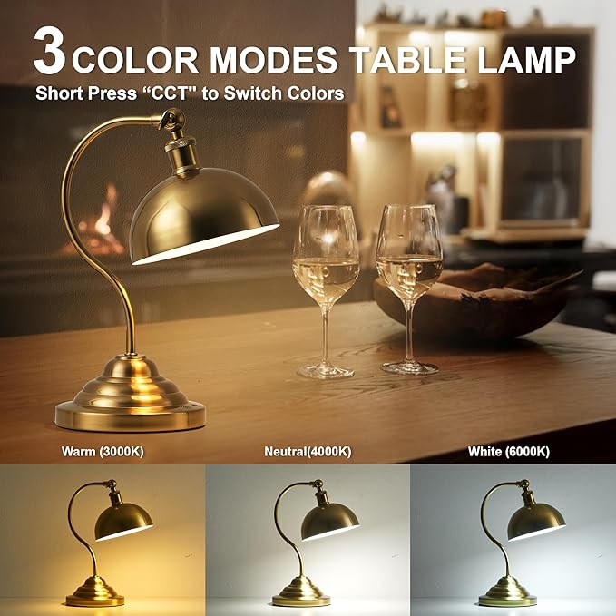 Cordless LED Table Lamp Set of Two, Swing Arm Desk Lamp, Rechargeable, Dimmable/3 Color/Memory Function, Modern Rechargeable Table Light for Living Room,Bedroom,Bedside, Brass