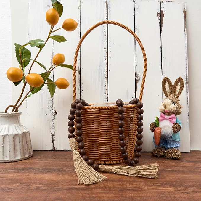 OMISHE 59in Wood Bead Garland with Tassels, Decorative Beads Decor, Farmhouse Wooden Beads Garland for Wall Hanging Home Festival Decor, Dark Brown