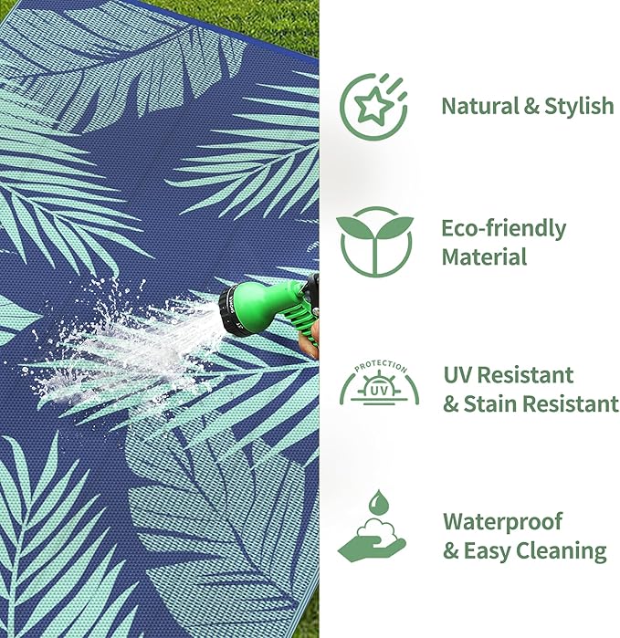 GENIMO Outdoor Rug 8' x 10' Waterproof for Patios Clearance, Reversible Outdoor Plastic Straw Camping Rug Carpet, Large Area Rugs Mats for RV, Camper, Deck, Balcony, Porch, Beach Royal Blue&Blue Green