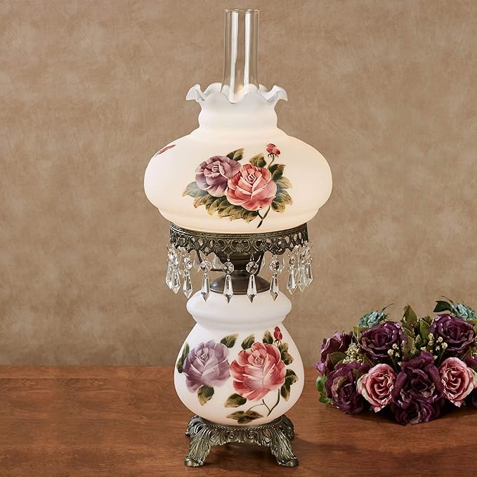 Touch of Class Olivia Jane Hurricane Table Lamp - White - Antique Brass Metal Base, Acrylic Crystal Gems, Glass Scalloped Shade - Vintage Bedroom Aesthetic, Victorian Style Lamps