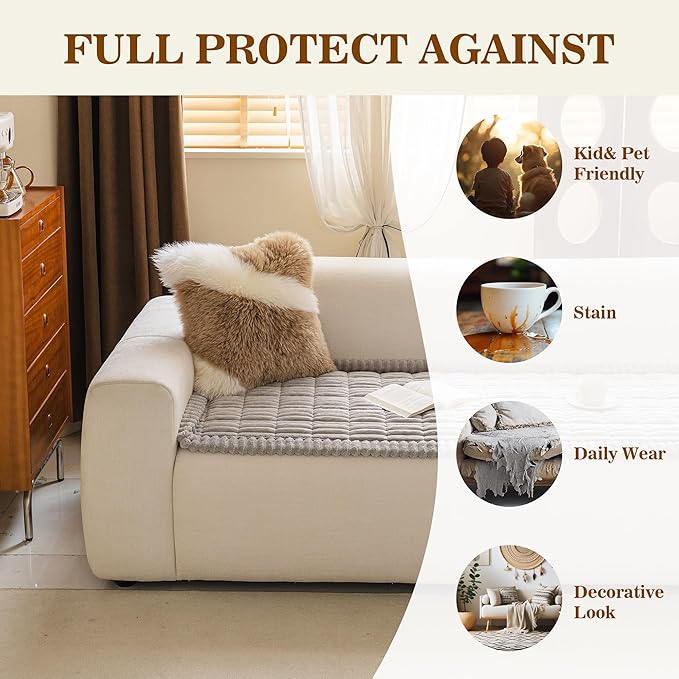 MYSKY HOME Couch Covers for 3-4 Cushion Sofa Pet Friendly, Couch Cover for Dogs, Sofa Covers for Pets Washable, Soft Non-Slip Sofa Slipcovers Furniture Protector Covers, Light Grey, 27.6" x 82.7"