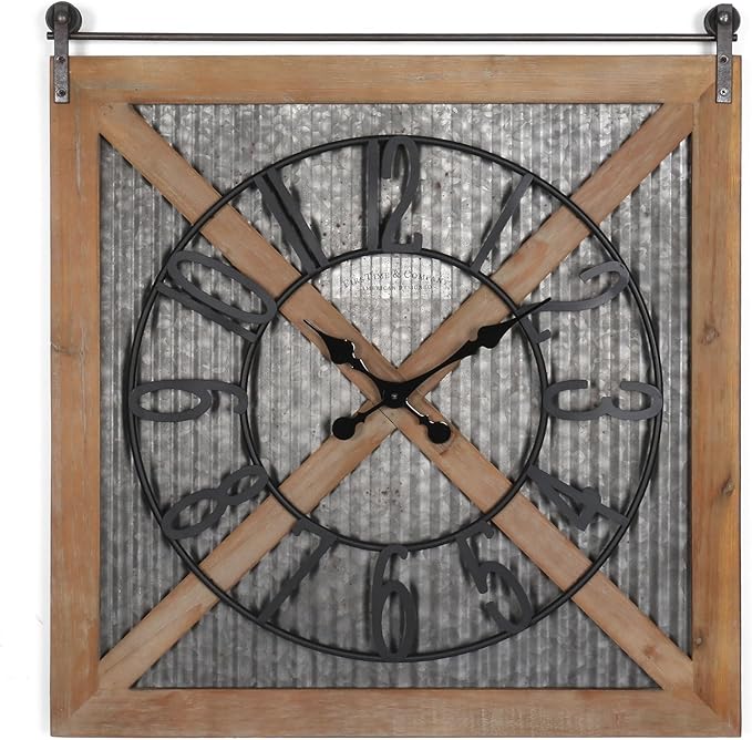 Oakrain Rustic Large Wall Clock, Classic Vintage Hanging Clock, Silent Non-Ticking Square Wall Clock for Living Room Bedroom Office, Numeral, Brown, 27''x29''