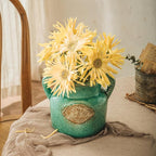 Green Rustic Ceramic Vase, 5.8 Inch Distressed Wide Mouth Vase with Ice Cracked Glazed, Farmhouse Vintage Flower Vases for Home Office Decor Living Room Bedroom Table Centerpiece Decorations