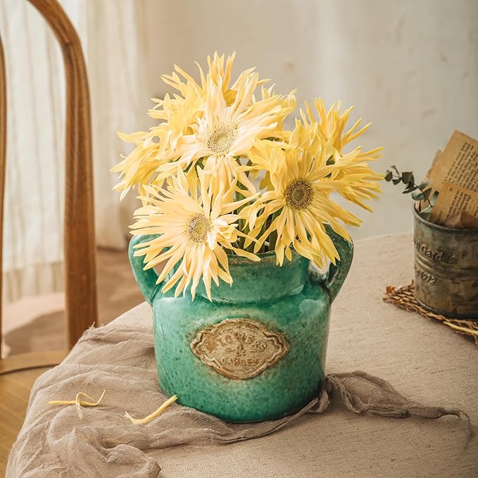 Green Rustic Ceramic Vase, 5.8 Inch Distressed Wide Mouth Vase with Ice Cracked Glazed, Farmhouse Vintage Flower Vases for Home Office Decor Living Room Bedroom Table Centerpiece Decorations