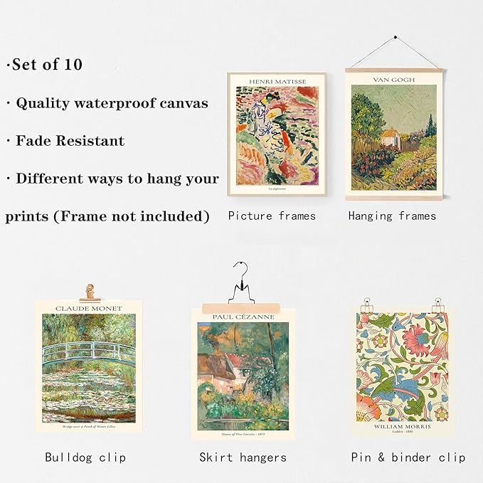 Vintage Eclectic Wall Art Prints Set of 9, Abstract Eclectic Wall Decor Matisse William Morris Van Gogh Monet Maximalist Famous Artist Painting Pictures, Trendy Maximalism Poster for Aesthetic