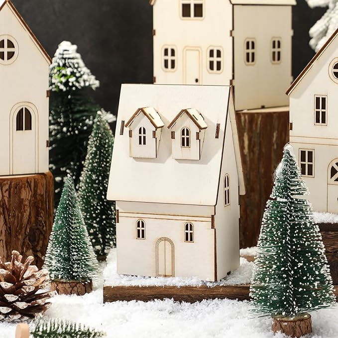 Hiboom 12 Pcs DIY Christmas Village Sets Wood Villa Houses Christmas Mini Wooden House Gift for Winter Xmas Party Decorations