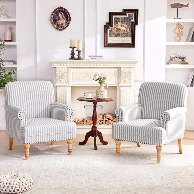 HUIMO Linen Fabric Accent Chairs Set of 2, Mid-Century Modern Armchair with Solid Wood Legs, Single Sofa Chair,Upholstered Reading Club Chair (2, Light Grey and White Stripe)